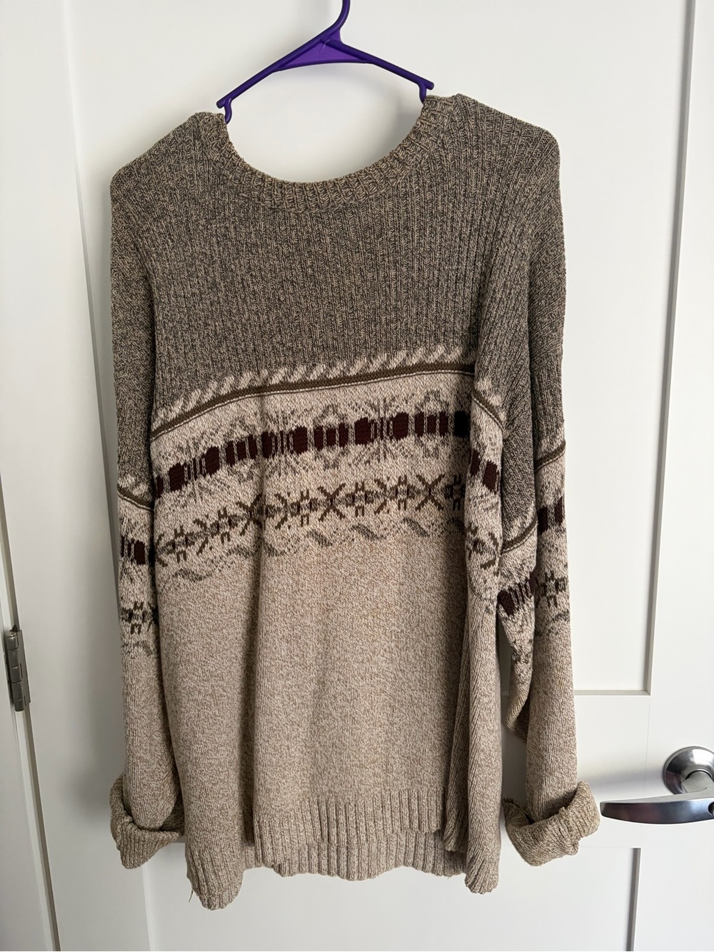 Trader Bay Beige and Brown Patterned Crewneck Sweater